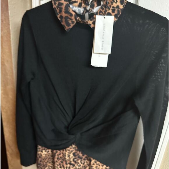 VERONICA Beard Animal Print Layered Sweater Shirt Mixed Media Mocha Mousse NWT - Picture 2 of 10